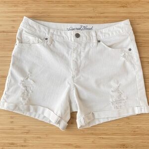 Universal Thread High Rise Midi Distressed White Denim Shorts Size 8 Cuffed Hem